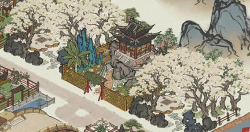 江南百景图人工湖和白色花树林图片